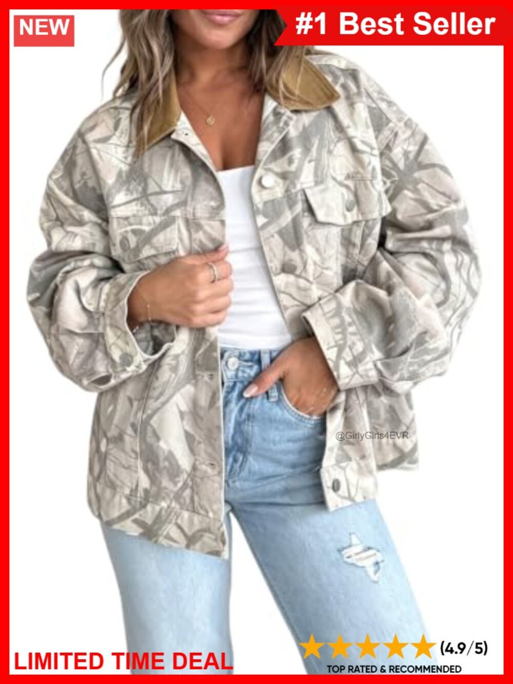 Womens Camo Button Down Denim Jacket Loose Fit Boyfriend Jean Coat